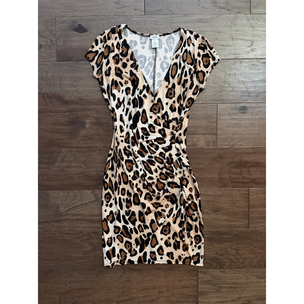 Cache Leopard Print Ruched Bodycon Mini Dress Womens Small V-Neck Short Sleeve